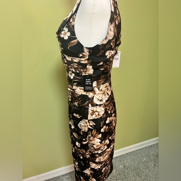 Express Elegant Ruched Floral Midi Dress – Black, Brown & Beige – size 4 - Picture 9 of 16